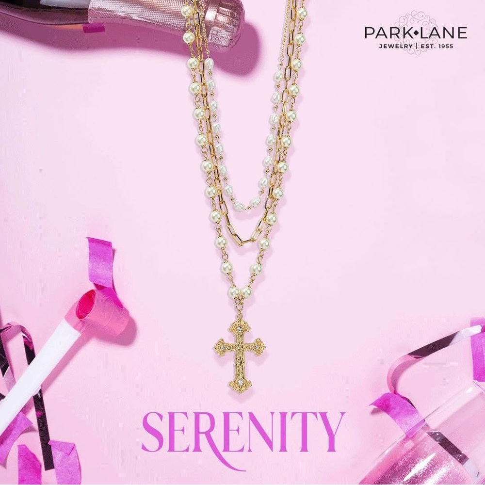 Park Lane Serenity Necklace - Gold and Pearl Layered Cross Necklace